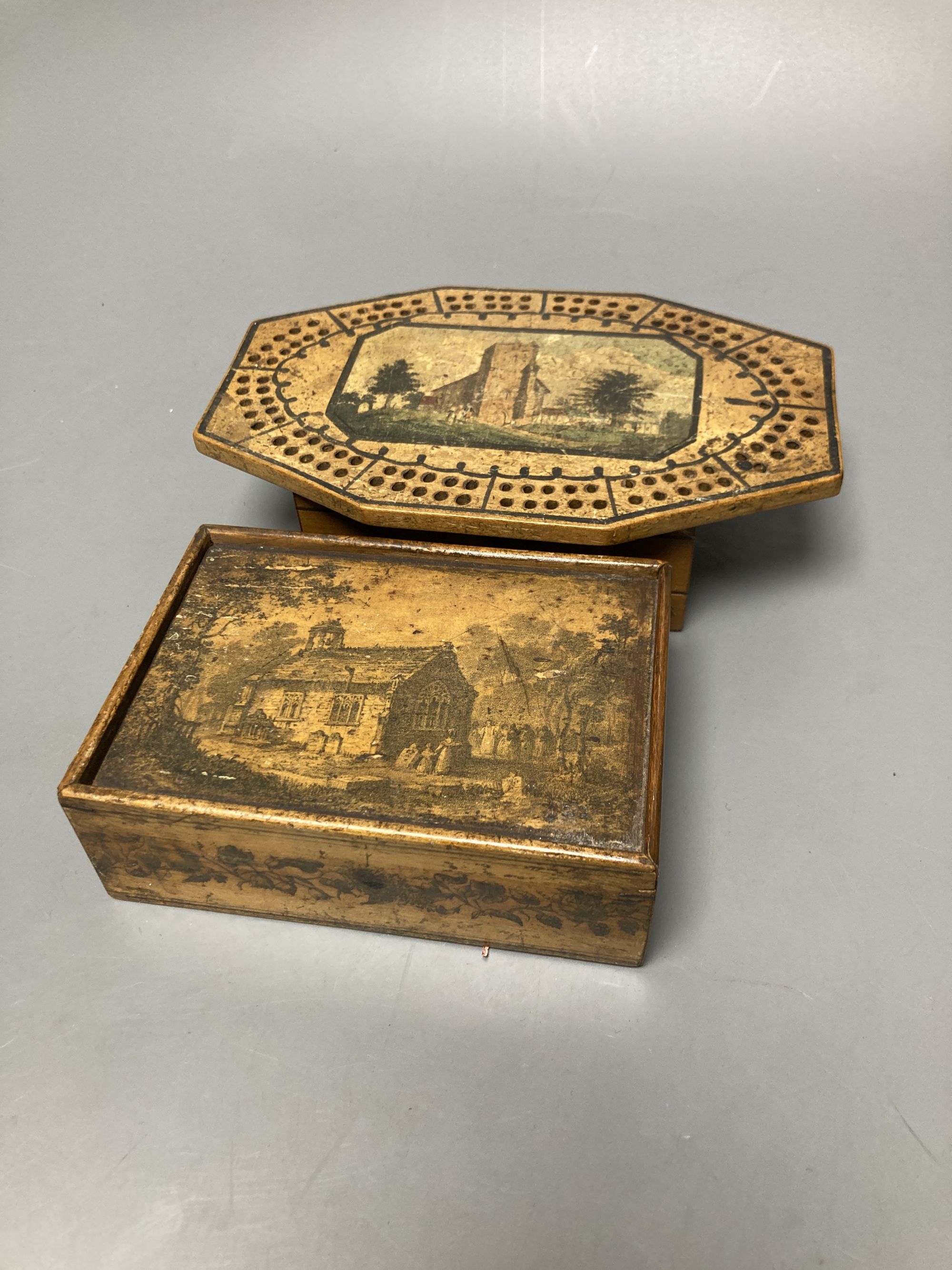 Two early Tunbridge ware sycamore boxes with views of Sussex? churches, early 19th century, 12.5 and 18cm